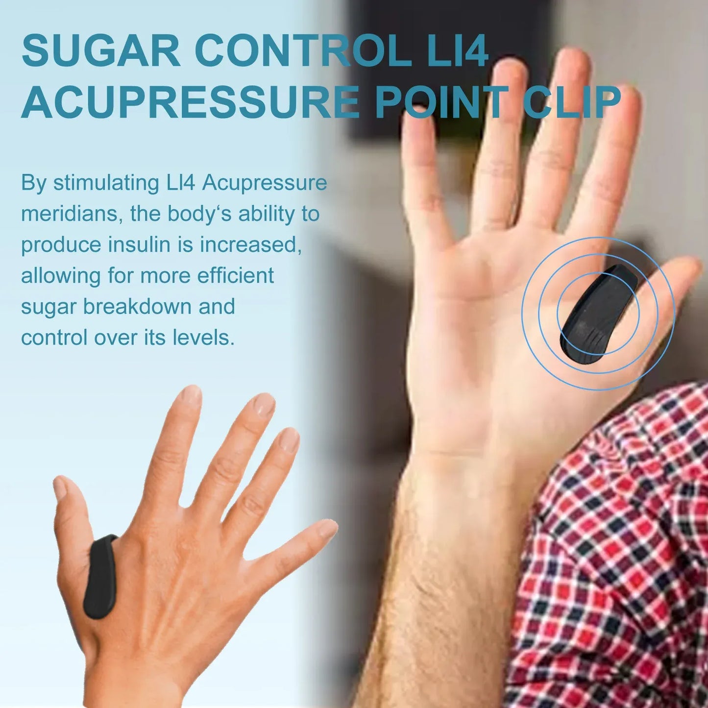 Sugar Control Acupressure Clip for Diabetics Sugar Control LI4 Acupressure Point Clip Headache Migraine & Tension Relief Product.