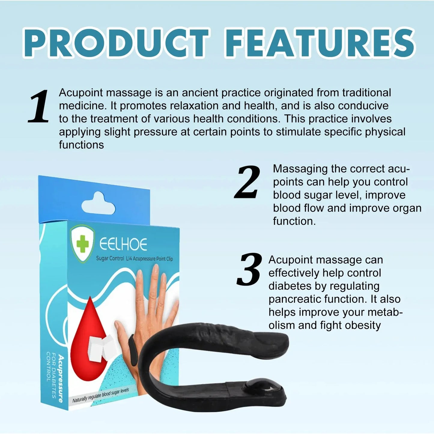 Sugar Control Acupressure Clip for Diabetics Sugar Control LI4 Acupressure Point Clip Headache Migraine & Tension Relief Product.